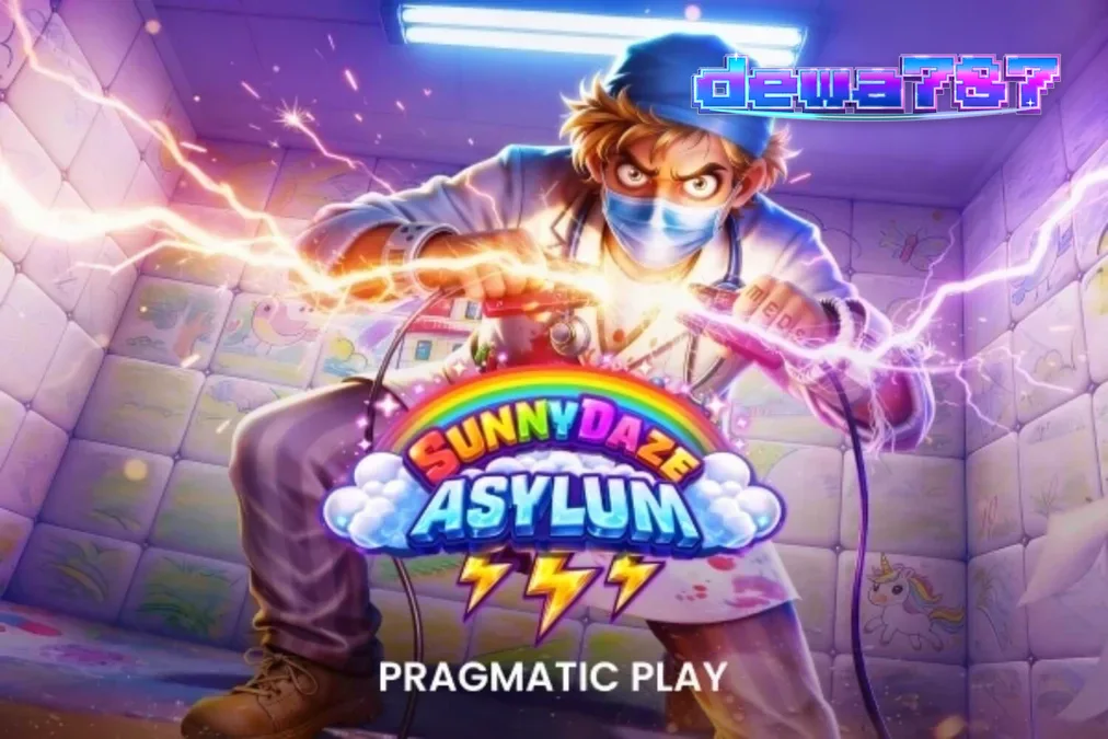 Tampilan visual slot Sunnydaze Asylum dengan tema neon dan institusi